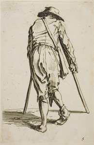 Mendiant sur des béquilles et portant un chapeau, vu de dos, planche cinq de Les Mendiants