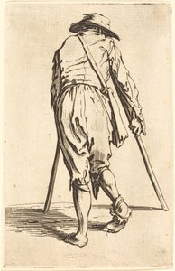 Mendiant avec des béquilles et un chapeau, vue de dos