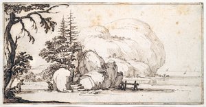 Rochers fantastiques par la côte, bâtiments au bord - Jacques Callot