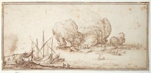 Rochers fantastiques, fortifiés. Navigation. Bivouac des marins en vue de leur embarcation (Le Grand Rocher) - Jacques Callot
