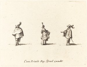 Dame avec robe relevée, et deux messieurs - Jacques Callot