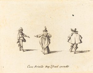 Dame avec un bras tendu, vue de dos, et deux gentilshommes - Jacques Callot