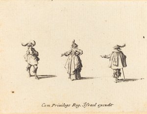 Dame avec un bras tendu, et deux gentilshommes