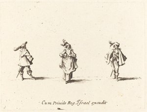 Dame avec des plumes et deux gentilshommes