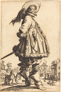 Noble homme avec manteau bordé de fourrure, tenant ses mains derrière son dos - Jacques Callot