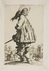 Le gentilhomme en manteau bordé de fourrure, tenant ses mains derrière son dos, planche sept de La Noblesse - Jacques Callot