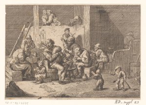 Intérieur avec joueur de cornemuse et violoniste et deux chanteurs