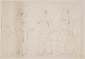 Offrande (?) Trois figures marchant en vêtements grecs. Devant, un homme portant une amphore et un bâton ou une torche, suivi de deux femmes - Jacques Francois Joseph Saly