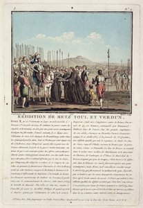 Henri II (1519-59) reçoit les clés de Metz, Toul et Verdun (1552), gravé par Jean Baptiste Morret (fl.1790-1820), 1790