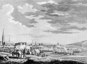 Guerre de la Révolution française et mouvements anti-révolutionnaires : Victoire française de la bataille de Hondschoote près de Dunkerque contre les troupes anti-révolutionnaires britanniques et autrichiennes en 1793. Gravure de Berthaut d
