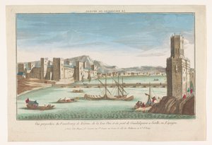 Vue du quartier Triana, un pont sur le fleuve Guadalquivir et la Torre del Oro à Séville - Jacques Gabriel Huquier