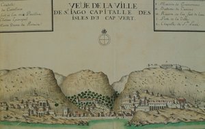 La ville de Saint Jago (Santiago) au Cap-Vert, aquarelle du journal de bord tenu par Jacques Gouin de Beauchesne, capitaine de navire dans les mers du Sud de 1698 à 1701 - Jacques Gouin de Beauchesne