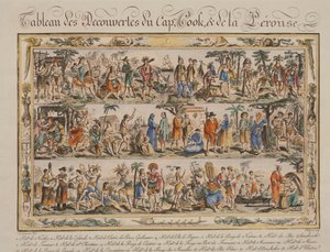 Les découvertes de James Cook et Jean François de Galaup Comte de Laperouse au XVIIIe siècle, gravure en couleur - Jacques Grasset de Saint Sauveur
