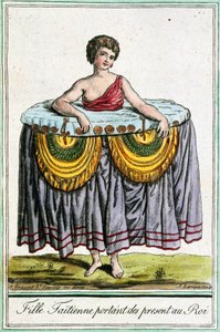 Jeune femme offrant des cadeaux au roi, Tahiti, Îles de la Société, gravure tirée de l