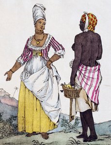 Femme noire et femme mulâtre de Saint-Domingue, gravure en couleur d