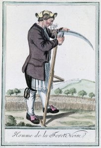 Homme de la Forêt-Noire, aiguisant sa faux pour la récolte - dans "Encyclopedia of Voyages" de Grasset St Sauveur, éd. Deroy, Paris