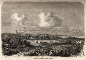 Vue générale de Copenhague, dessin de Jacques Guiaud (1810-1876), pour illustrer le voyage de J.M. Dargaud au Danemark (1800-1860), en 1860. Gravure dans "Le tour du monde", édité par Edouard Charton