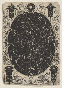 Boîtier ovale décoré de Schweifwerk en deux variantes, entouré de motifs plus petits..., vers 1614-19 - Jacques Hurtu
