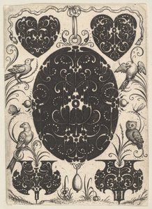 Pendentif ovale décoré de Schweifwerk, entouré de motifs plus petits et de quatre oiseaux, vers 1614-19 - Jacques Hurtu