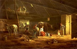 Une Laitière, des Ouvriers Agricoles et des Chevaux de Labour dans une Grange - Jacques Laurent (circle of) Agasse