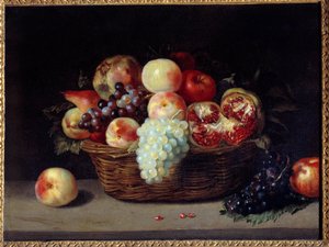 Panier de grenades, pêches et raisins
