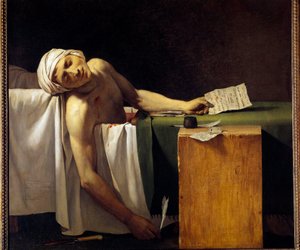 Révolution française : Jean Paul Marat (1743-1793) assassiné dans sa baignoire le 13/07/1793. Peinture de Jérôme Martin Langlois (1779-1838), membre de l