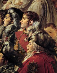 Le Sacre de Napoléon. Détail représentant Auguste Jean-Gabriel de Caulaincourt (1777-1809), Eugène Rose de Beauharnais dit Prince Eugène (1781-1824), et Charles Maurice de Talleyrand-Périgord dit Talleyrand (1754-1838) lors du Sacre de l
