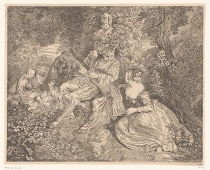 Compagnie élégante jouant de la musique dans un jardin - Jacques Philippe Le Bas