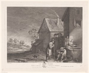 Deux hommes et une femme devant le puits à une ferme