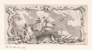 Vignette avec deux putti avec carte, globe et instruments de mesure