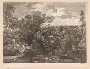 Paysage fluvial avec cascades et quelques moines