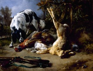 Épagneul avec une nature morte de gibier mort - Jacques Raymond Brascassat