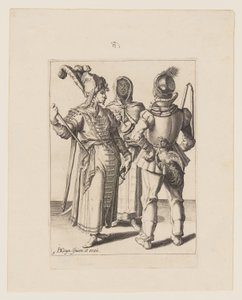 Une grande dame en tenue orientale, un homme avec une bite attachée à sa ceinture et une femme voilée jouant du pilon, extrait de The Masquerades (Les mascarades) - Jacques de Gheyn II