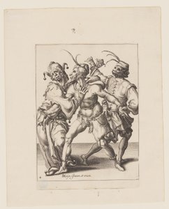 Trois marionnettes dansantes, dont un bouffon, extraites de The Masquerades (Les mascarades) - Jacques de Gheyn II