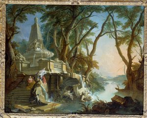 Paysage composé ou la rivière. Fontaine pyramidale avec statue de Neptune brisée. Peinture de Jacques de Lajoue