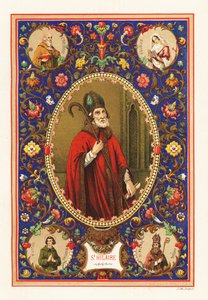 Portrait de Saint Hilaire, évêque de Poitiers, avec mitre et crosse, dans une bordure décorative de feuillage