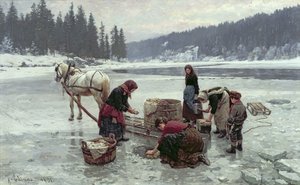 Femmes faisant la lessive à travers un trou dans la glace