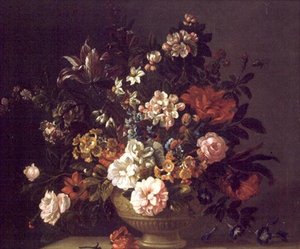 Roses, tulipes et autres fleurs dans une urne sur un rebord - Jakob Bogdani or Bogdany
