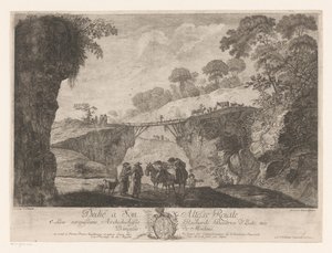Paysage montagneux avec un pont en bois entre deux rochers