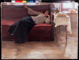 ""Songes"" jeune fille pensive allongée sur un divan. Peinture de Jakov Kalinichenko (1869-1938) 1904 State Regional I. Pozhalostin Art Museum, Ryasan - Jakoff Jakovlevitch Kalinitchenko