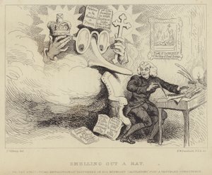 Sentir un rat : le philosophe gallois, prédicateur non-conformiste et pamphlétaire Richard Price surpris par un nez géant portant des lunettes représentant Edmund Burke le surprenant au travail entouré de preuves de sédition contre l