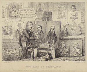 Deux paires de portraits : caricature anti-Whig représentant John Henry Tooke avec des portraits de Charles James Fox personnifiant le vice et William Pitt le Jeune représentant la vertu