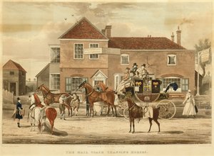 Le courrier changeant de chevaux, vers 1825 (gravure)