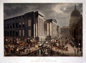 Les courriers royaux partant du bureau de poste général, Londres, gravé par R. G. Reeves, publié par Thomas McLean
