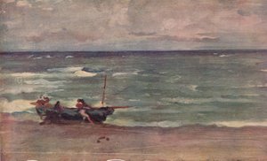 Harmonie en bleu et argent : échouage du bateau, Étretat, vers 1897