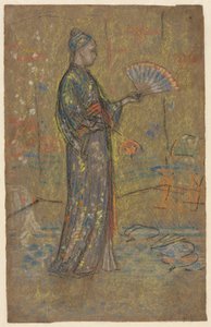Femme japonaise peignant un éventail recto, femme debout tenant sa robe verso, vers 1872