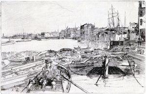 Vue de la Tamise, sur le bassin de Londres (Angleterre), en 1859, appartient à une série de gravures sur la Tamise, qui met en lumière la communauté des travailleurs maritimes de la capitale anglaise - James Abbott McNeill Whistler