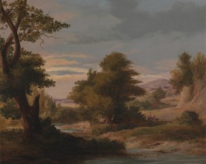 Paysage fluvial boisé avec mère et enfant - James Arthur O