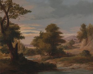 Paysage fluvial boisé avec mère et enfant