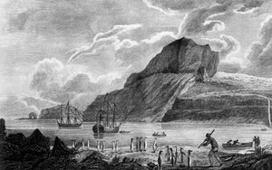 Île Kerguelen, vue de la baie de Noël, dessin de William Hodges, gravure de William Watts, illustration du Voyage vers le pôle Sud et autour du monde, par James Cook